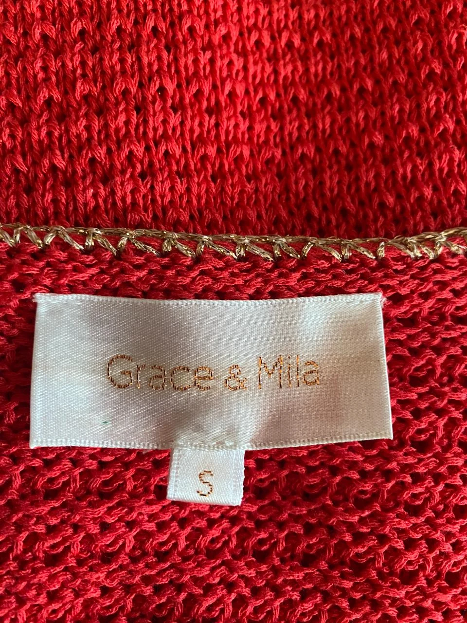 Grace & Mila rood gebreide cardigan maat 36 met opengewerkte steken, florale kant & gouden rand – photo 8